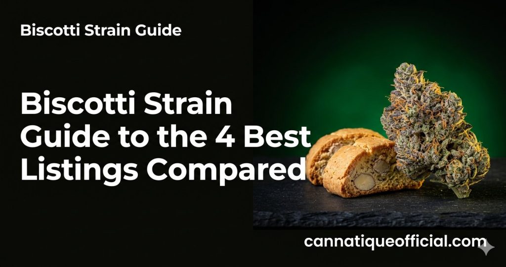Biscotti strain guide featured image: cookies and frosty flower on a dark background