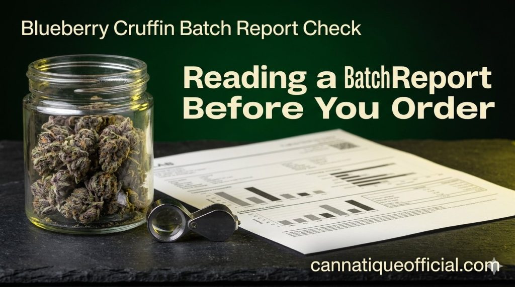  Blueberry cruffin strain guide batch check: a printed lab report beside a glass jar of purple-green flower