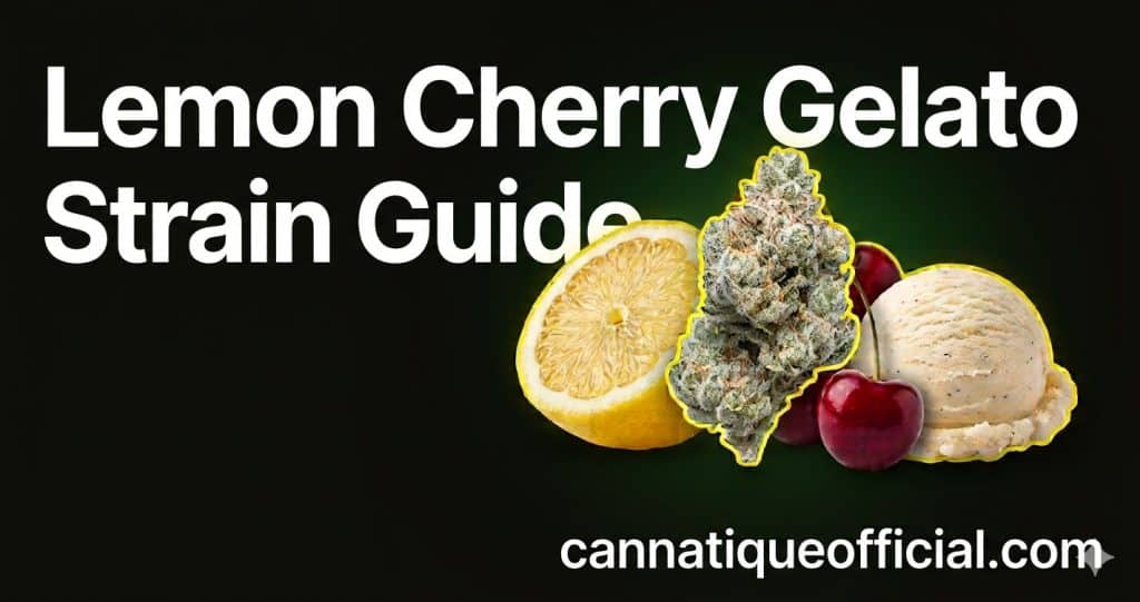 Lemon cherry gelato strain guide featured image: lemon, cherries and cream beside frosty flower on a dark background