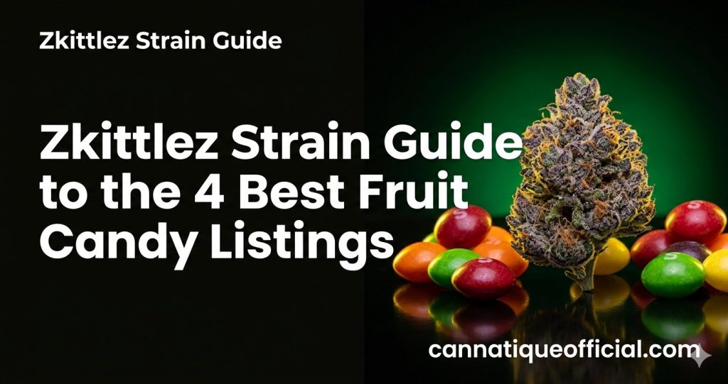 Zkittlez strain guide featured image: colorful fruit candies and frosty flower on a dark background